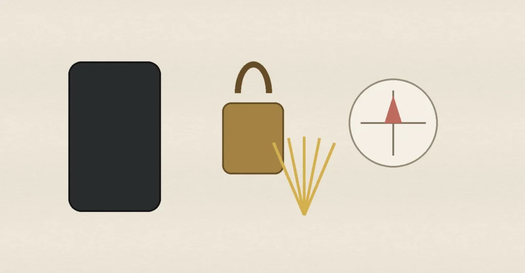 A face-down phone, brass lock, compass and spotlight symbols, representing Bumble Premium privacy, Travel Mode and visibility features.