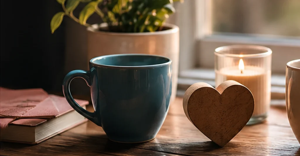 Dating vs relationship comparison represented by two mugs and a wooden heart, showing the shift from dating to commitment.