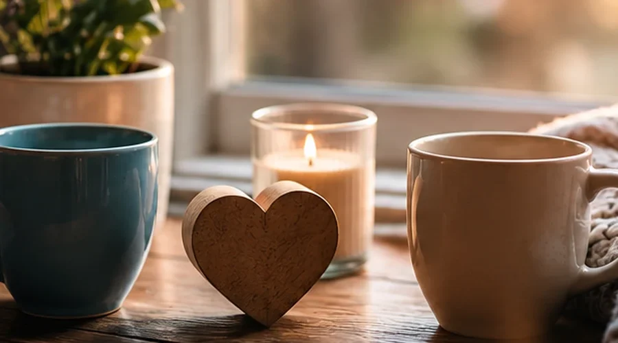 Dating vs relationship represented by two mugs, a wooden heart, candle, books and a cozy blanket.