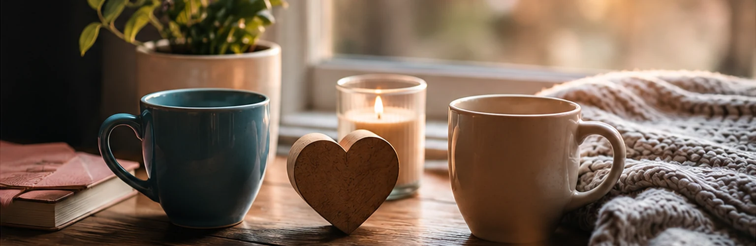 Dating vs relationship represented by two mugs, a wooden heart, candle, books and a cozy blanket.
