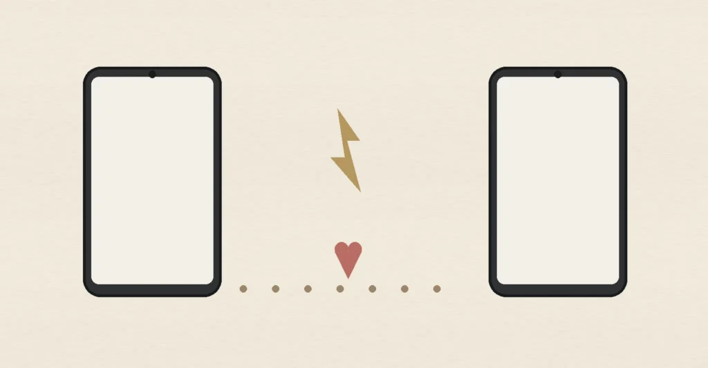 Two blank smartphones connected by a visibility path with a lightning symbol and heart, representing Hinge Boost, HingeX, profile visibility and paid exposure.
