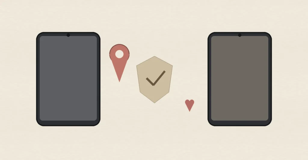 Two blank smartphones beside a privacy shield, location pin and heart, representing Hinge vs Bumble privacy, travel, safety and premium features.
