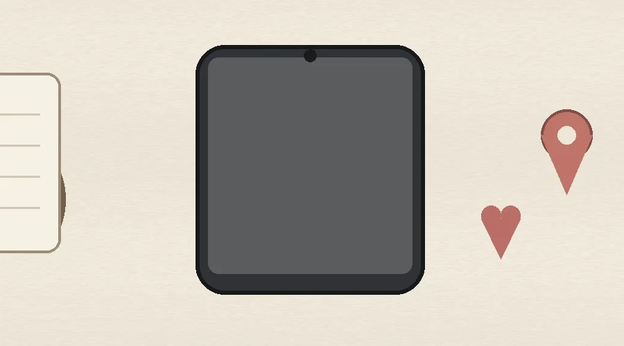 A smartphone, coffee mug, blank notebook, location pin and small heart on a warm desk, representing hinge date meaning and first-date expectations.