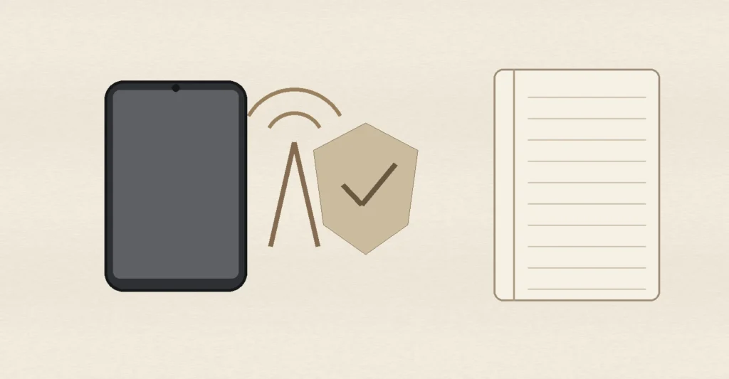 A smartphone, carrier signal symbol, security shield and blank notebook, representing Hinge verification support, SMS delivery and account security.