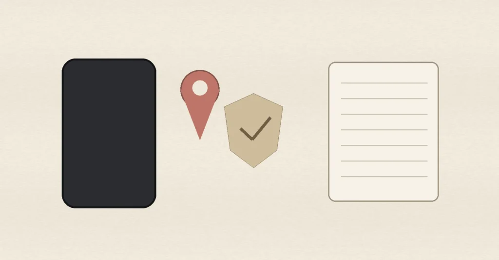 A face-down phone, location pin, security shield and blank notebook, representing online safety for teens, privacy and safer meetup planning.