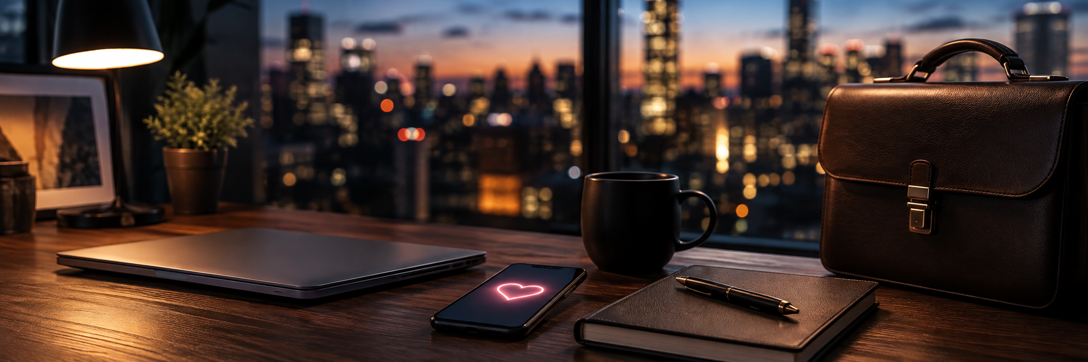 Best dating apps for professionals represented by a glowing heart on a phone beside a notebook and coffee with a city skyline