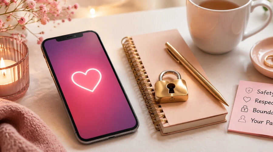 Best dating apps for women represented by a private phone, heart, safety shield, and relationship rings