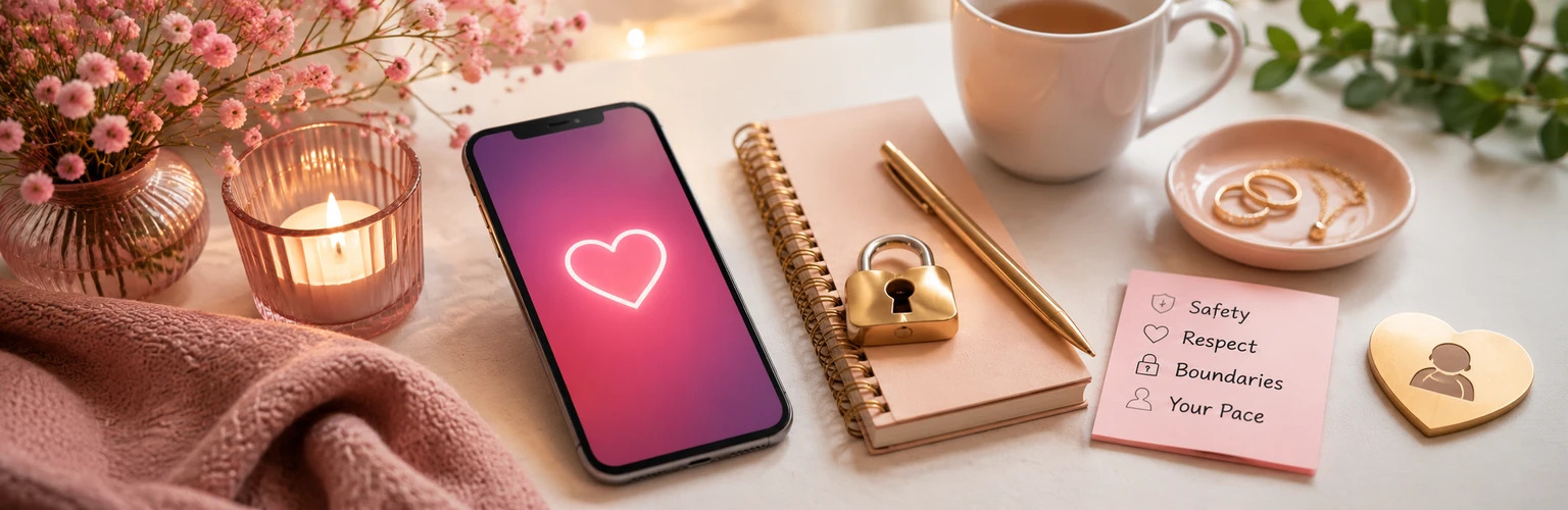 Best dating apps for women represented by a private phone, heart, safety shield, and relationship rings