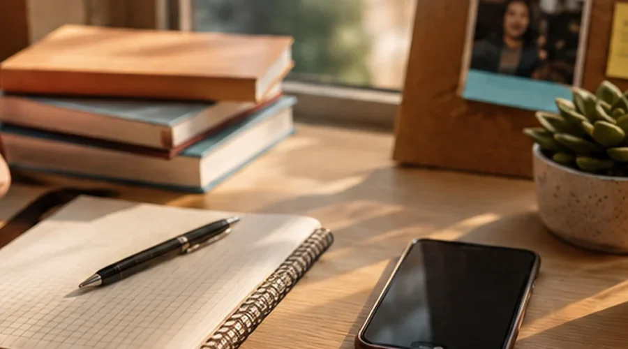 A smartphone on a college study desk with notebooks, coffee and a backpack, representing a college dating app and campus life.