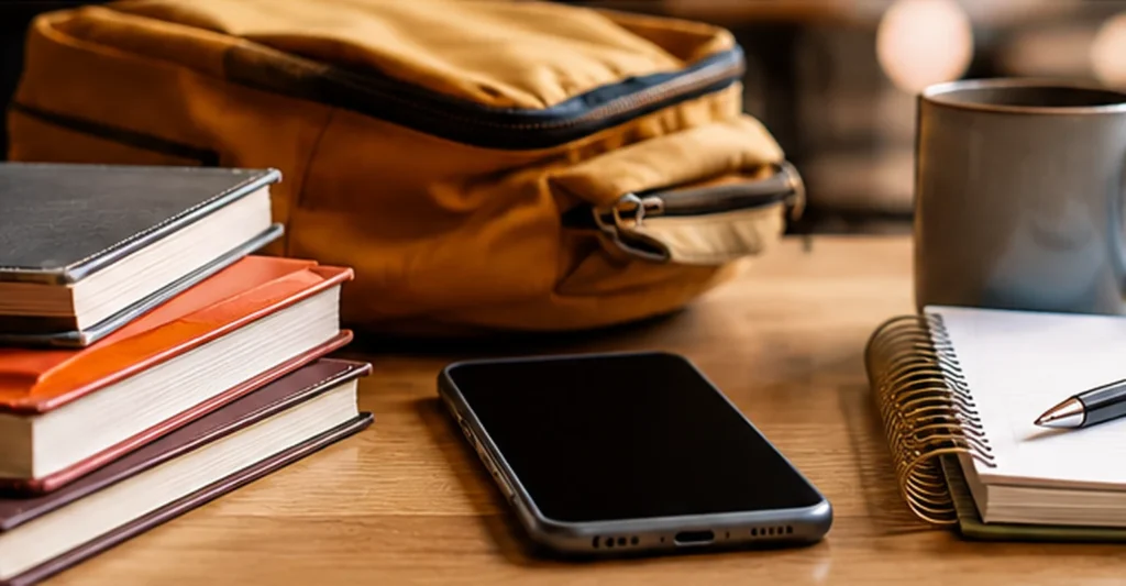 A smartphone beside books, a notebook and coffee on a quiet campus café table, representing safe college dating app meetups.