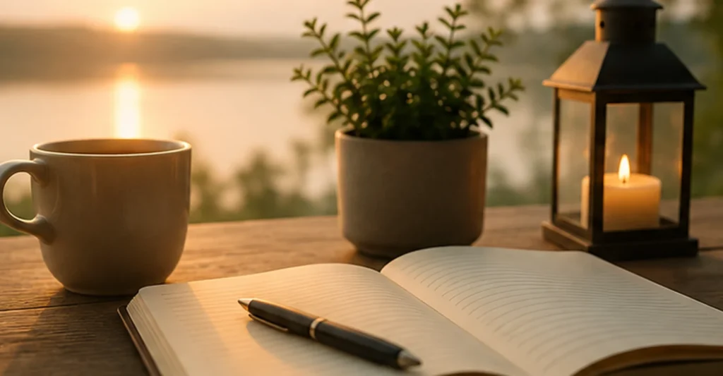 A journal, coffee, plant and lantern in warm evening light, symbolizing a calm fresh start and healthy dating after breakup.