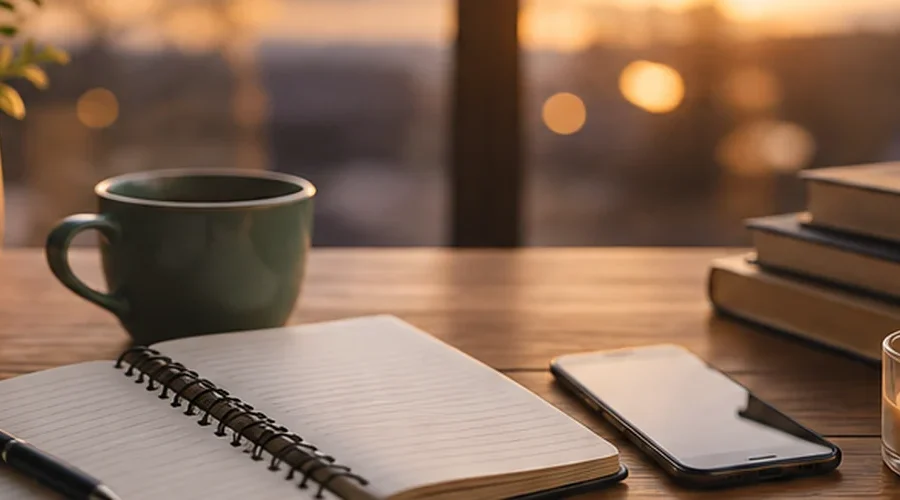 An open journal, coffee, phone and candle in warm light, representing reflection and dating after breakup. Use as the Featured Image / Hero.