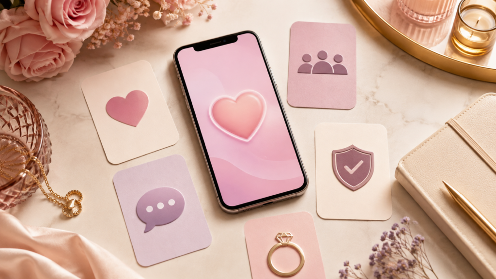Safe dating apps for women represented by a phone, privacy shield, controls, and relationship rings