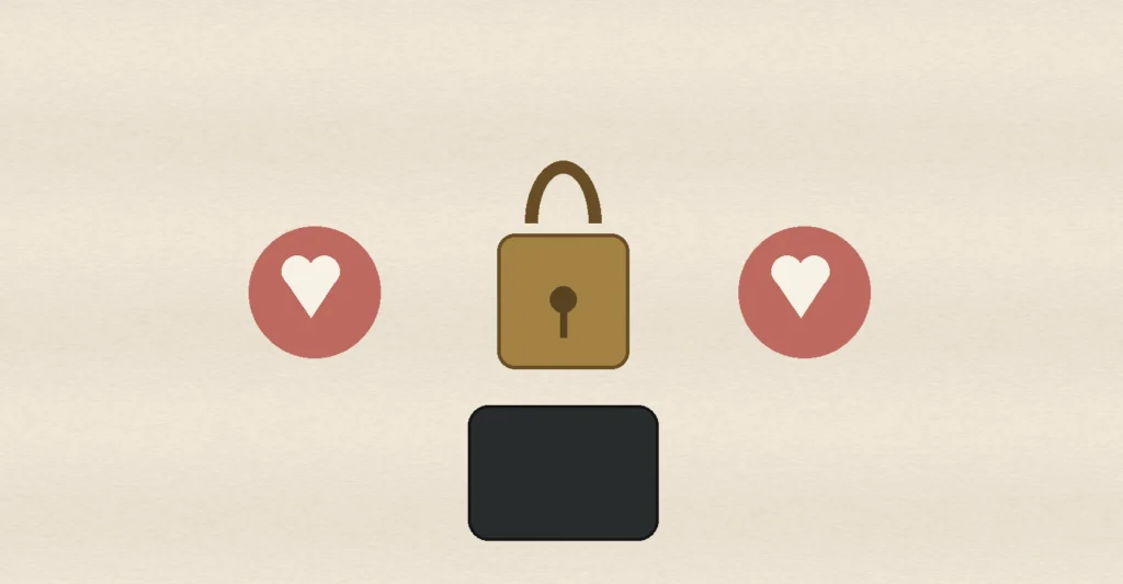 Two heart tokens separated by a brass lock and face-down phone, representing privacy and mutual interest for career-driven singles.