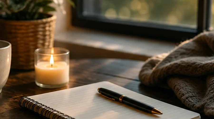 A quiet reading nook with coffee, candle, notebook, plant and knit blanket, representing calm and practical dating tips for introverts.