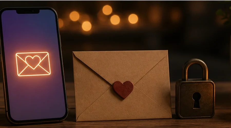 A smartphone, sealed envelope, heart lock, coffee and candle on a warm desk, representing hidden identity matching, privacy and mutual reveal.