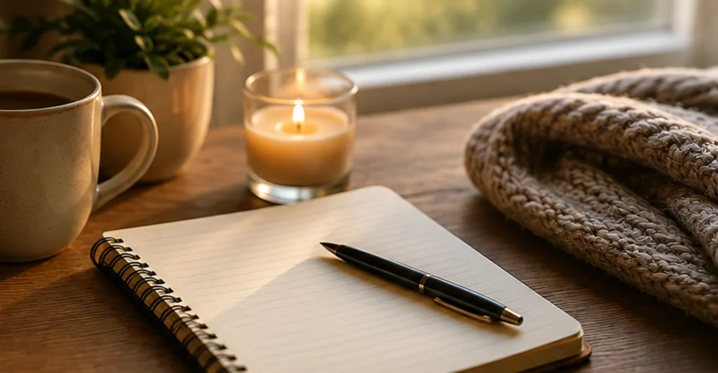 A cozy table with coffee, candle, plant, notebook and soft knit blanket, representing comfortable low-pressure first dates for introverts.
