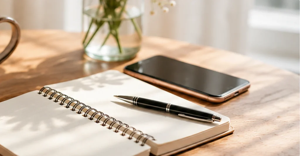 A blank notebook, pen, phone and flowers in warm natural light, representing online dating profile bio tips and conversation-friendly profile writing.