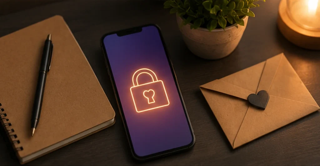 A dark smartphone with a glowing lock beside a sealed envelope and blank notebook, representing privacy first dating, identity protection and controlled disclosure.