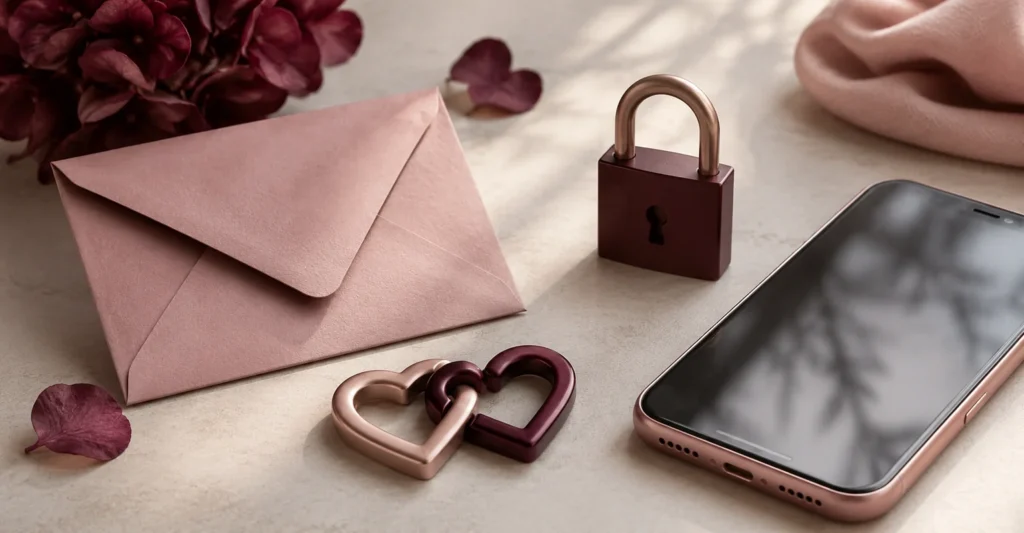 Envelope, smartphone, padlock, and linked heart icons representing discreet dating interest and online privacy.