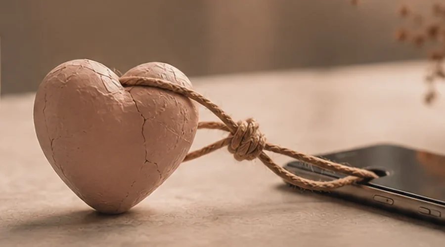 A heart tied closely to a smartphone beside a coffee mug, symbolizing clinginess and the need for constant connection in a relationship.