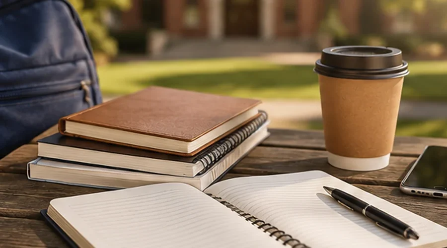 College study table with a backpack, notebooks, coffee, smartphone and earbuds, illustrating practical college dating tips.