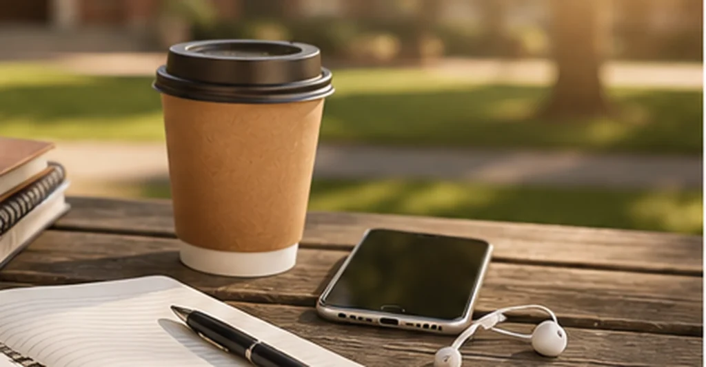 Smartphone, earbuds and coffee on a college campus table, representing dating safety, privacy and personal boundaries.