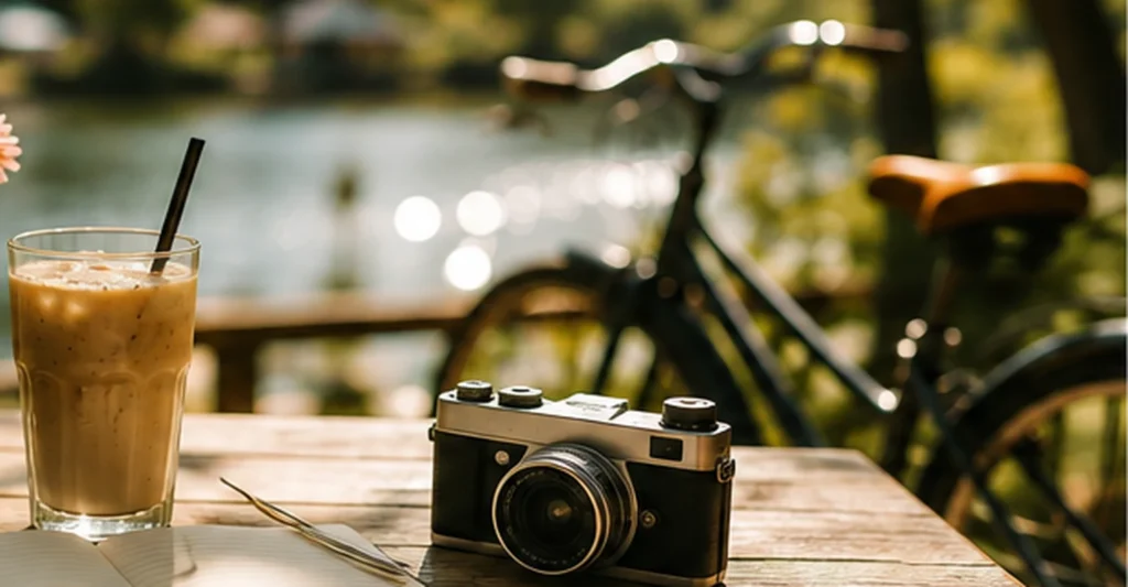 An iced coffee, vintage camera, open notebook and bicycle in daylight, representing creative day date ideas and daytime adventures.
