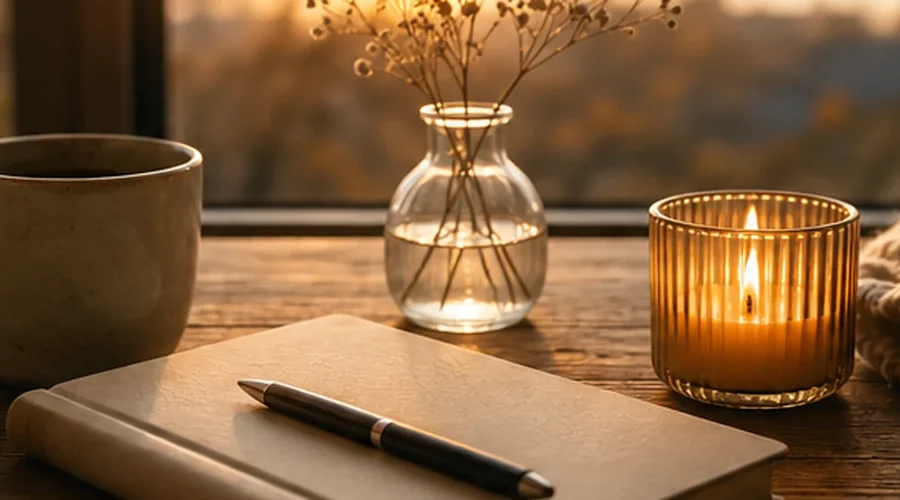 A journal, coffee, candle and dried flowers in warm light, representing reflection and dating after divorce.