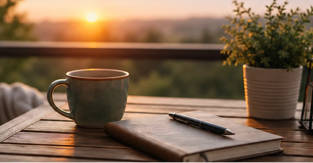 A journal, coffee, plant and lantern at sunrise, representing new beginnings, healthy boundaries and dating again after divorce.