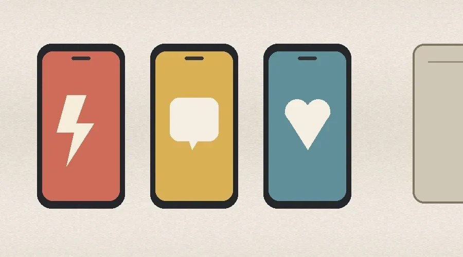 Three generic smartphones with different matching symbols on a desk, representing a dating apps comparison without brand logos.