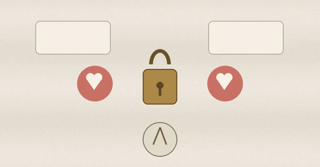 Two heart tokens separated by a brass lock, representing privacy, discretion and mutual interest in online dating.