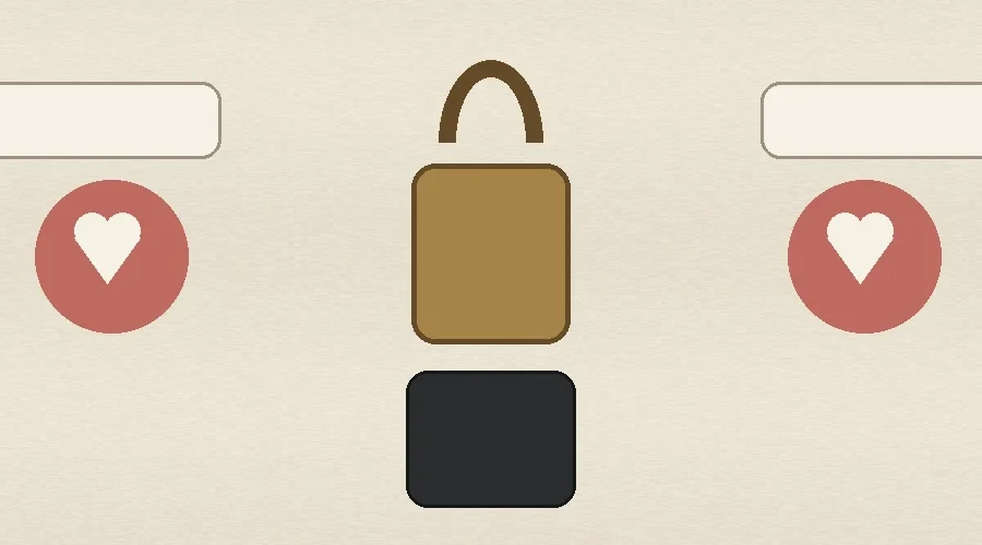 Two heart tokens separated by a brass lock with a face-down phone, representing dating apps without discovery and private mutual interest.