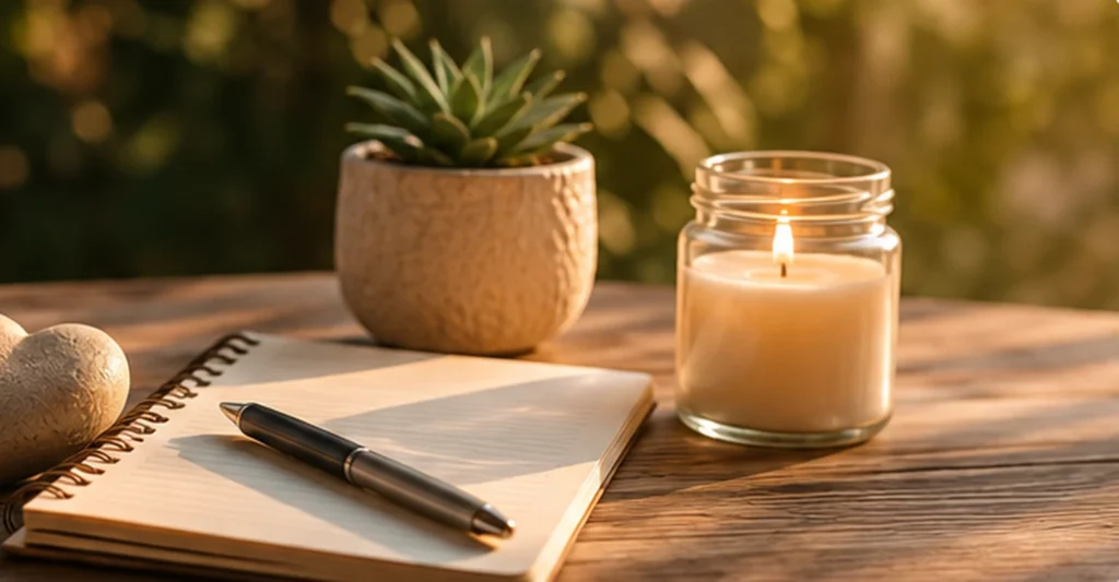 A blank notebook, candle and small plant on a calm table, representing dating boundaries, green flags and peaceful relationships.