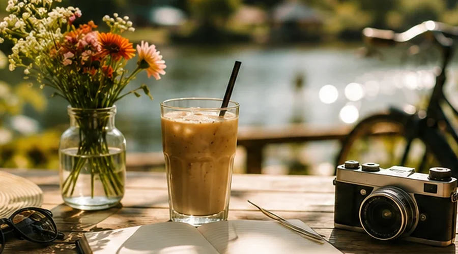 Coffee, flowers, sunglasses, a camera and a bicycle by the water, representing relaxed and memorable day date ideas.