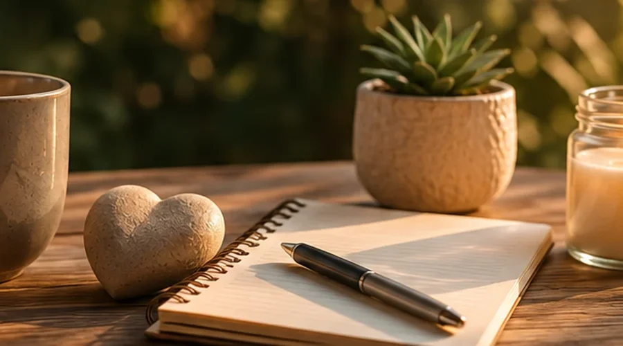 Coffee, a heart stone, blank notebook, candle and plant on a peaceful table, representing drama free dating and calm relationship communication.
