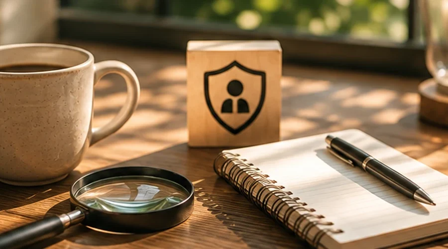 A magnifying glass, blank notebook, coffee and shield symbol on a warm desk, representing fake profile detection and online dating safety.