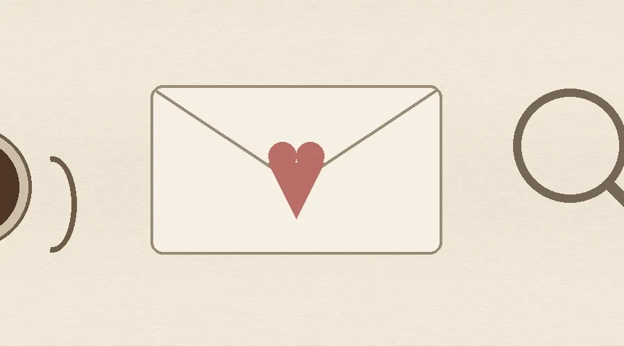 An anonymous envelope, heart, coffee and magnifying glass on a warm table, representing how to find secret admirer clues without public guessing.