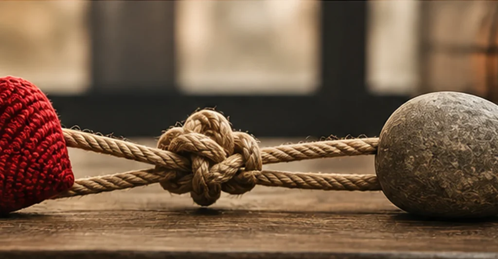 A red heart connected by rope to a smooth stone with space between them, representing healthy boundaries, attachment, and emotional balance.