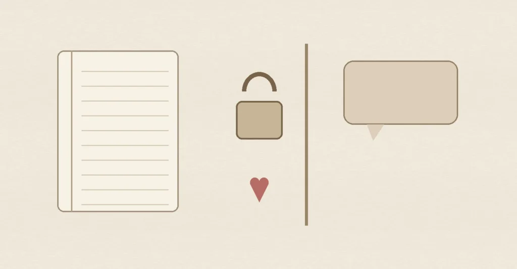 A lock, heart, blank notebook and speech bubble separated by a clear boundary, representing honesty, privacy and healthy boundaries in a relationship.
