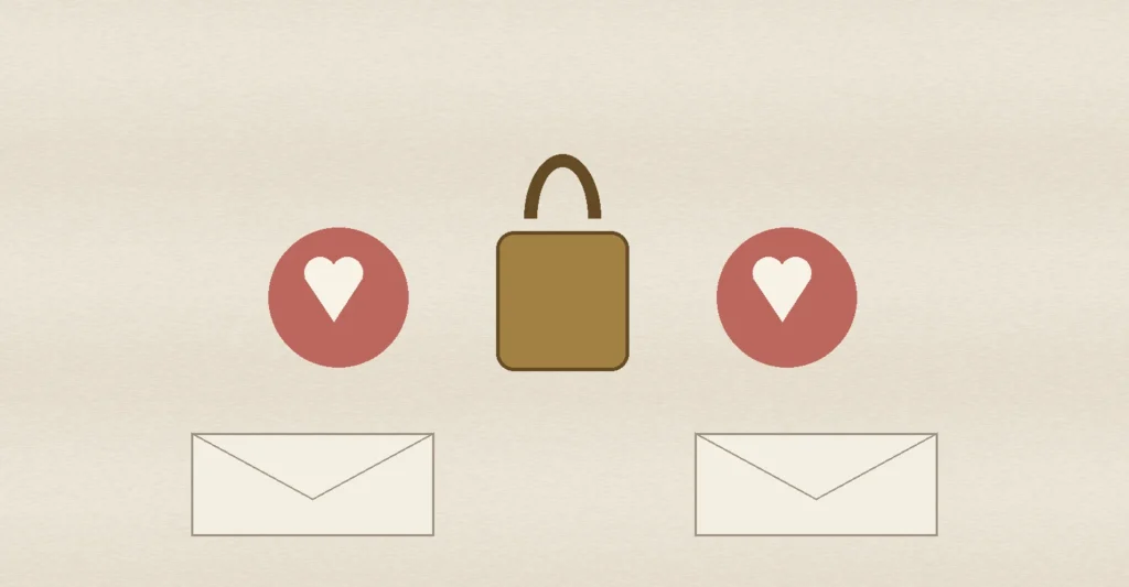 Two heart tokens, a brass lock and two blank envelopes, representing private mutual-interest dating and mutual-only reveal.