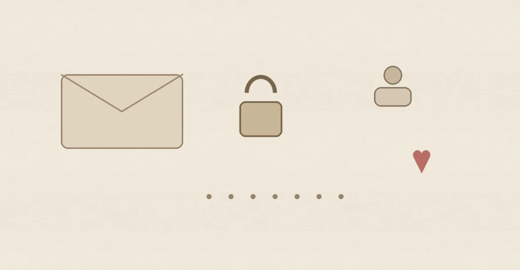 A sealed message envelope, privacy lock, person icon and small heart, representing respectful reconnection, one low-pressure message and privacy boundaries.