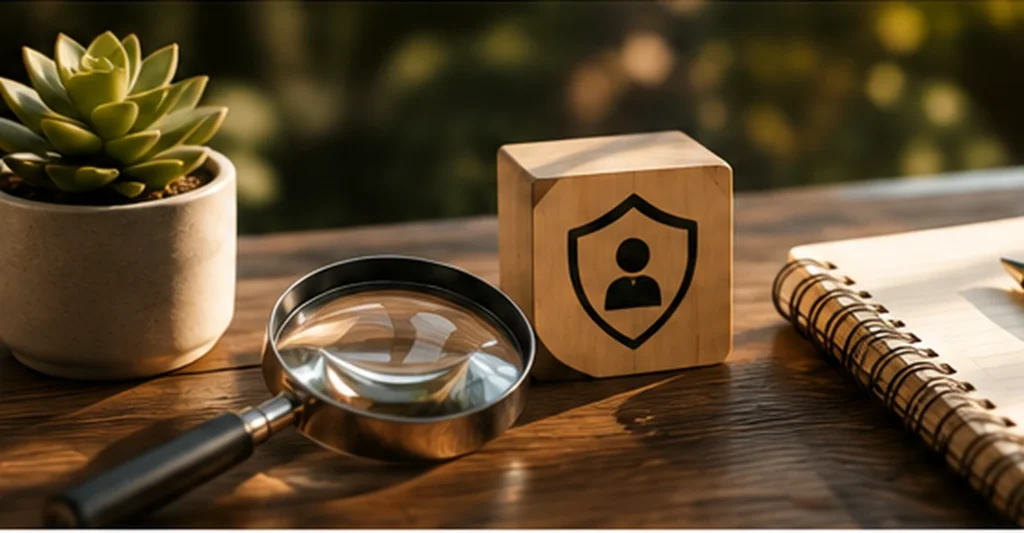 A magnifying glass beside a shield, plant and blank notebook on a desk, representing reverse image search and how to spot fake dating profiles.