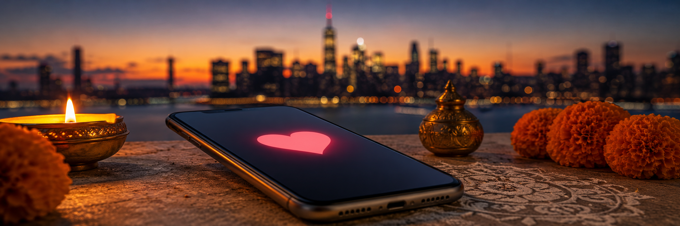 Best dating apps for Indians in USA represented by a heart and American skyline