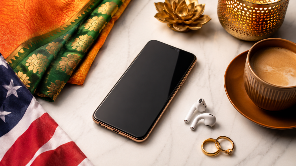 Indian dating apps in USA represented by a phone, Indian colors, stars, coffee, and wedding rings