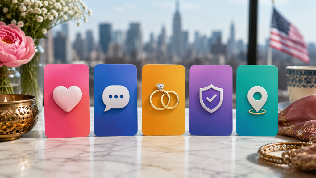Best Indian dating apps comparison represented by private dating, conversation, marriage, and safety cards
