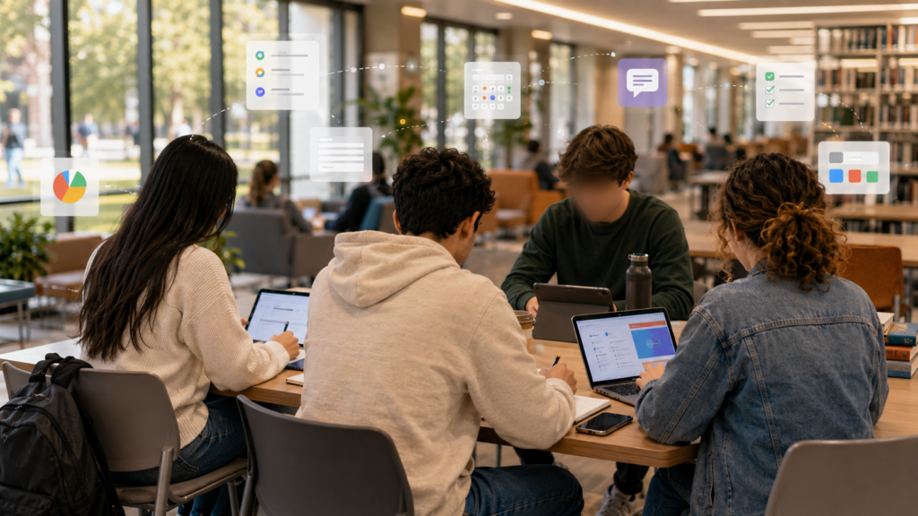 Productivity apps for students used in a bright shared college study room