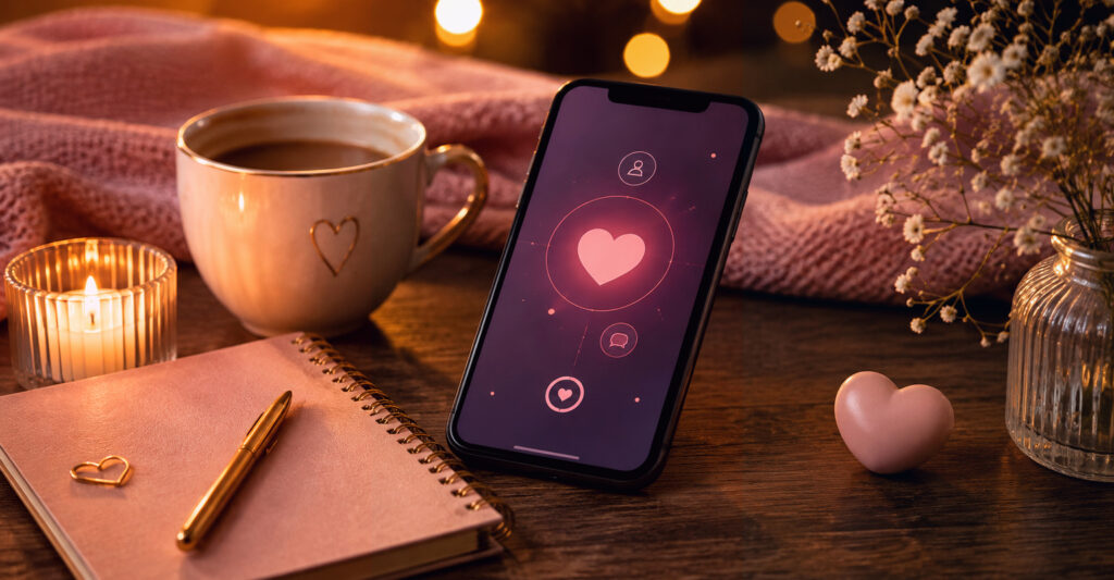 LGBTQ dating apps and privacy represented by a smartphone, discreet heart symbols, and pink purple blue ambient lighting