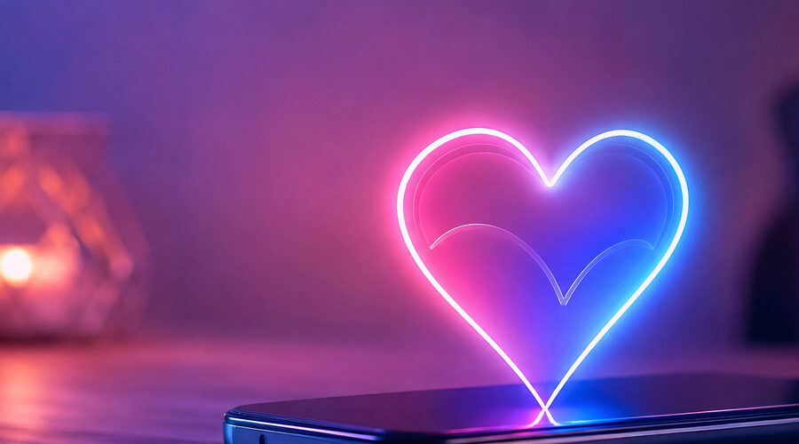 Bisexuals dating apps represented by a smartphone and glowing pink purple and blue heart in a private modern setting