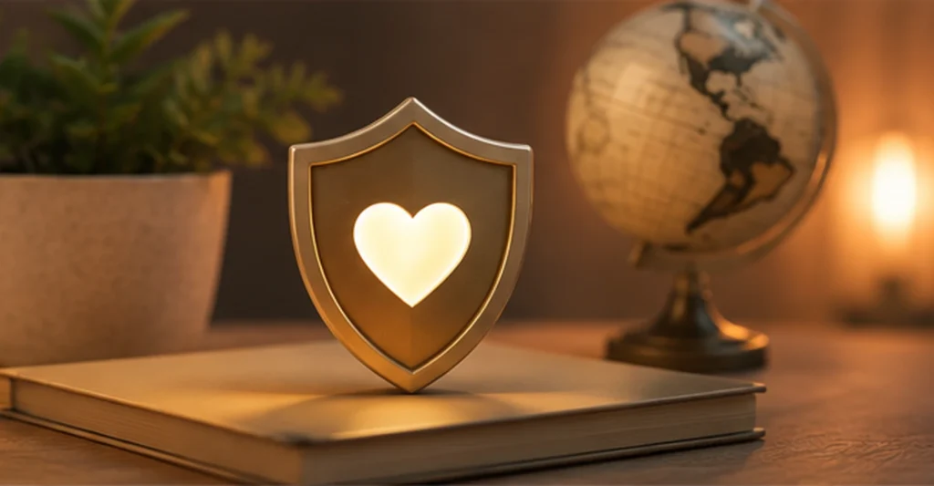 A glowing heart shield beside a notebook, plant and globe, representing dating app privacy, data protection and private-by-default design.
